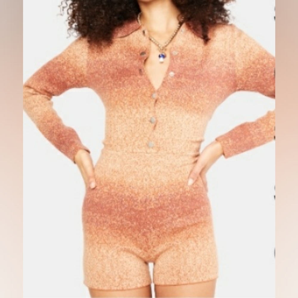 brown ombre long sleeve shorts romper that buttons down the front